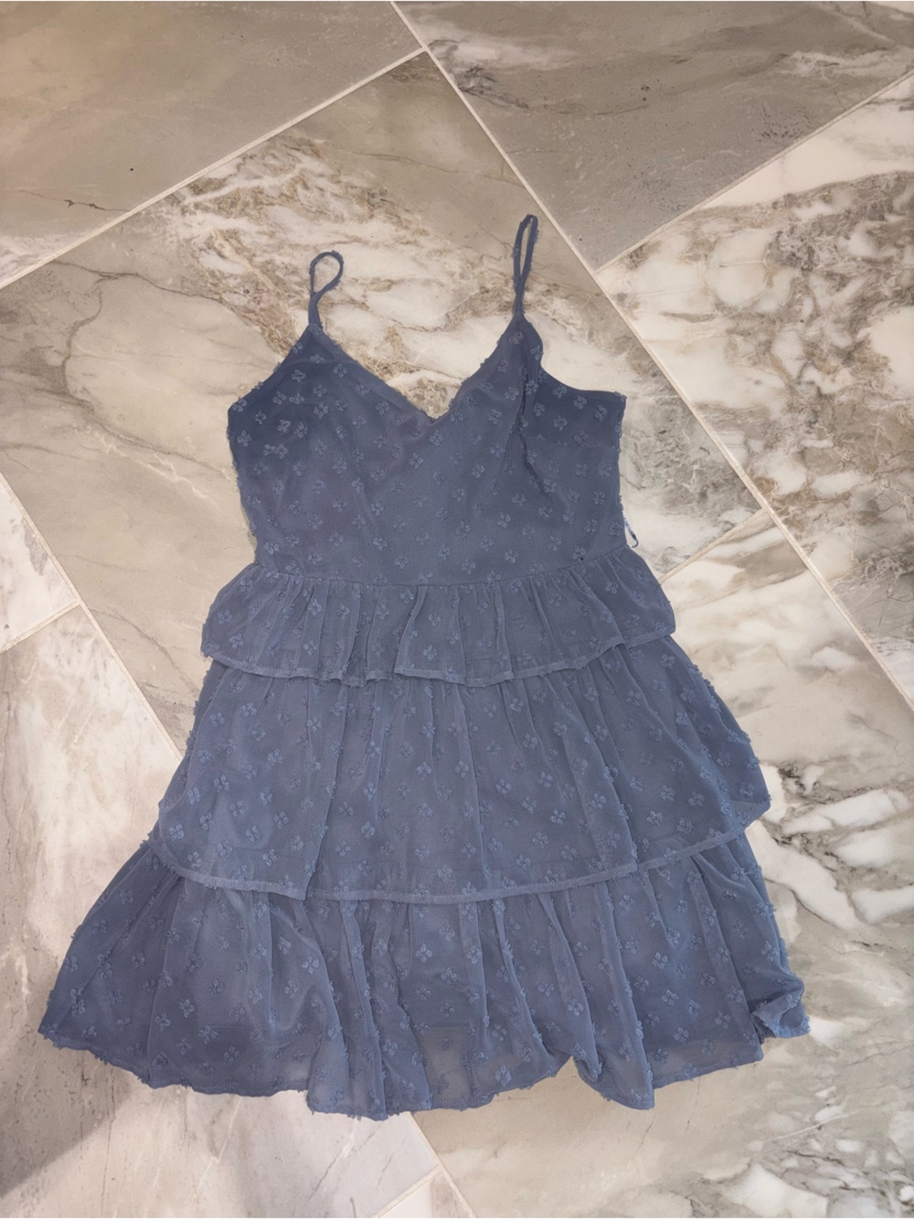 Altar'd State Dusty Blue Tiered Eyelet Spaghetti Strap Mini Dress - Picture 5 of 5